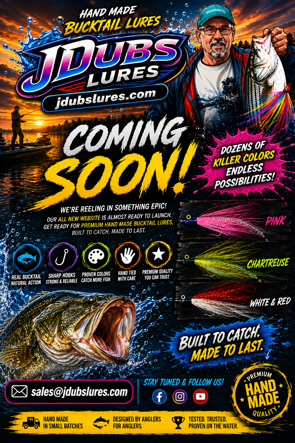 JDUBS Lures coming soon poster featuring handmade bucktail lures